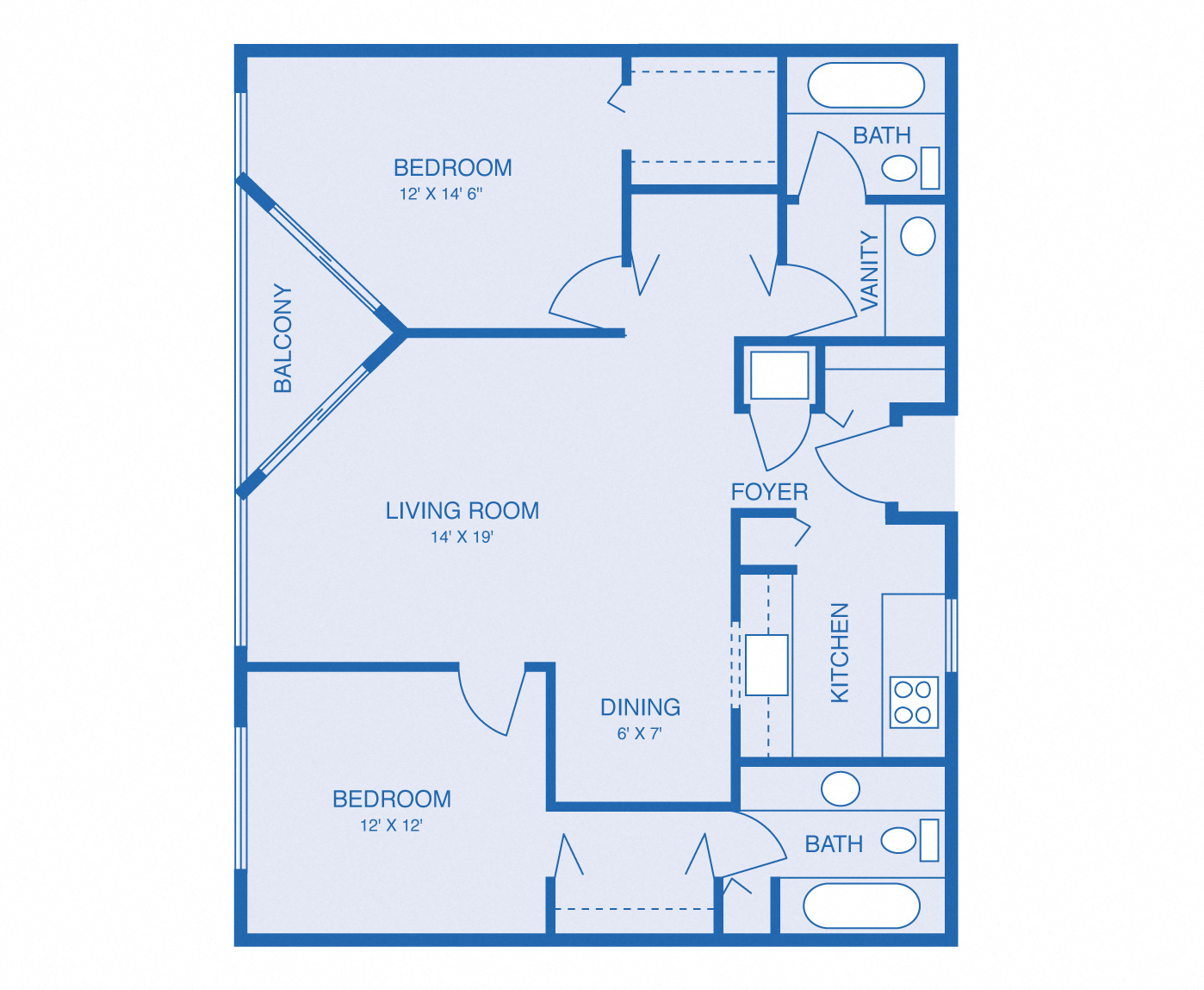 Floor plan for 2 beds, 2 baths, 1092 sqft